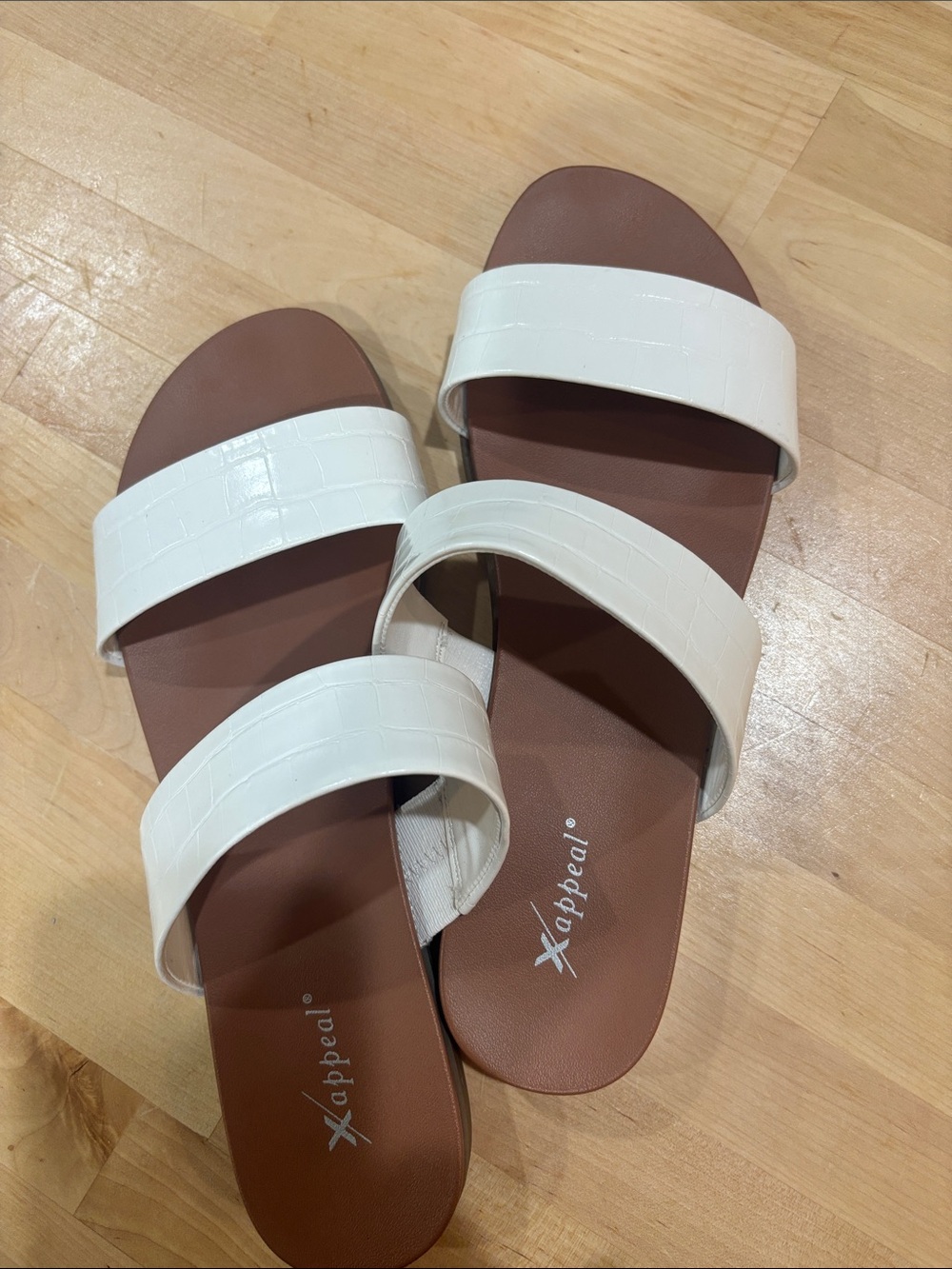 Xappeal White Double-Strap Croc-Texture Slide Sandals
